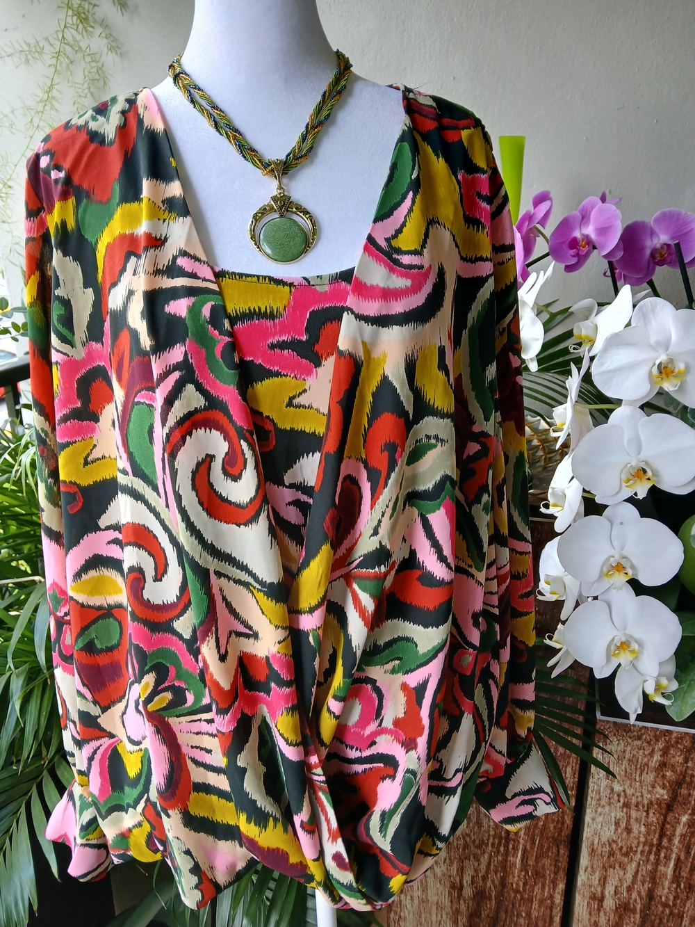 🔥Susan Graver Pink Green Yellow Floral Print Blouse Tunic Top 1X & FREE GIFT